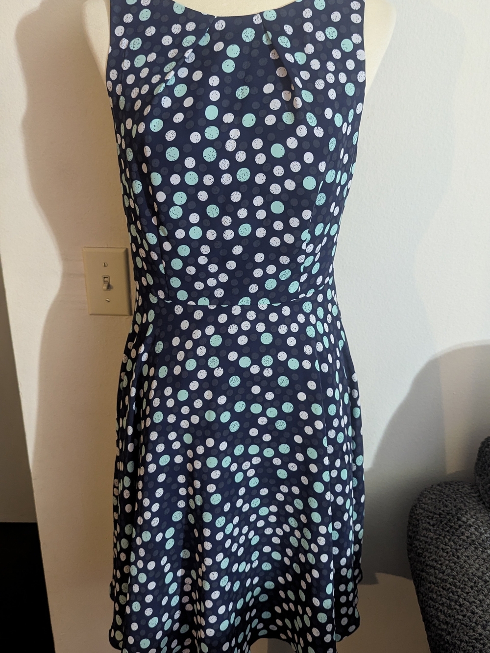 Elle Fit & Flare Navy Sleeveless Midi Dress with Mint & White Polka Dots